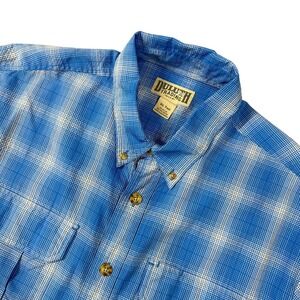 Duluth Trading Co Mens XL Tall Blue Plaid Short Sleeve Button Down Utility Shirt
